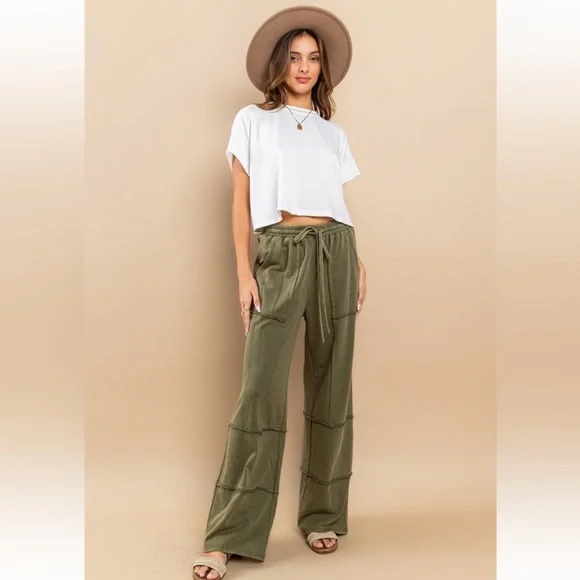 36 ✨RESTOCKED✨Mineral washed french terry fabric tiered wide leg pants - Picture 2 of 5